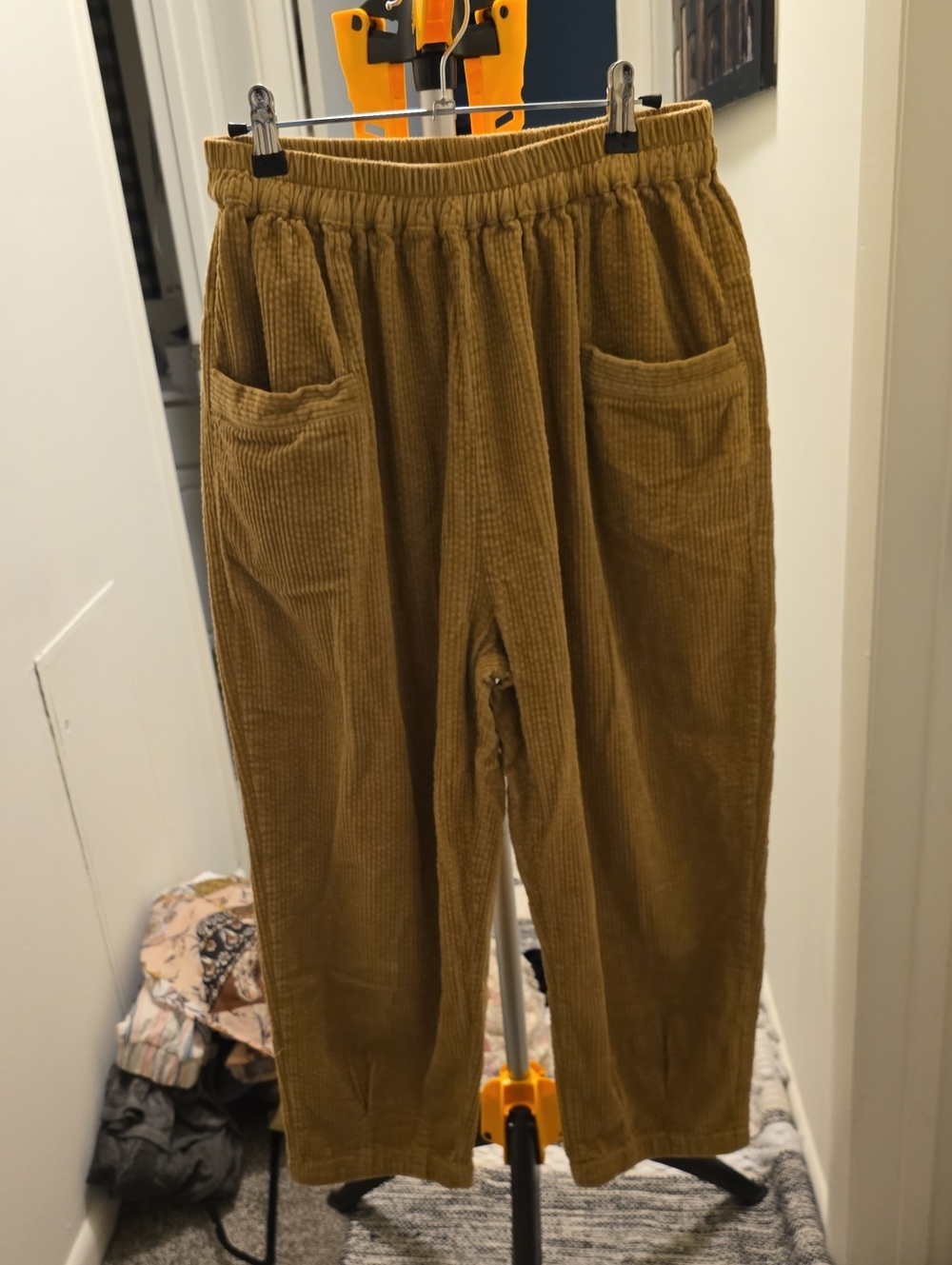 Corduroy Elastic-Waist Pants in Mustard Brown